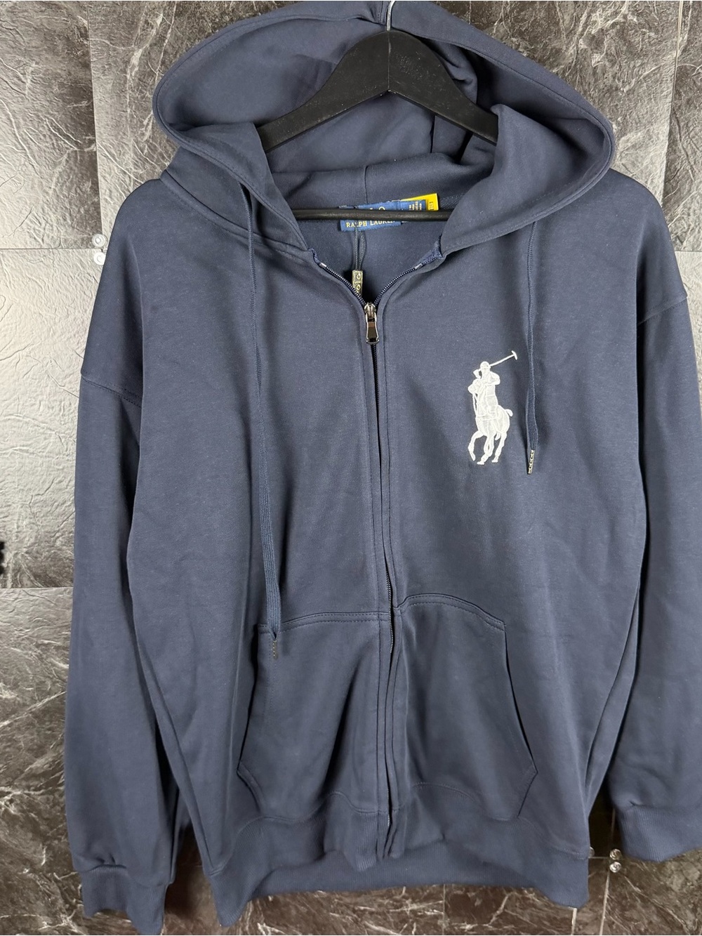 Polo Ralph Lauren Blue Knit Big Pony Fleece Zip Hoodie Large